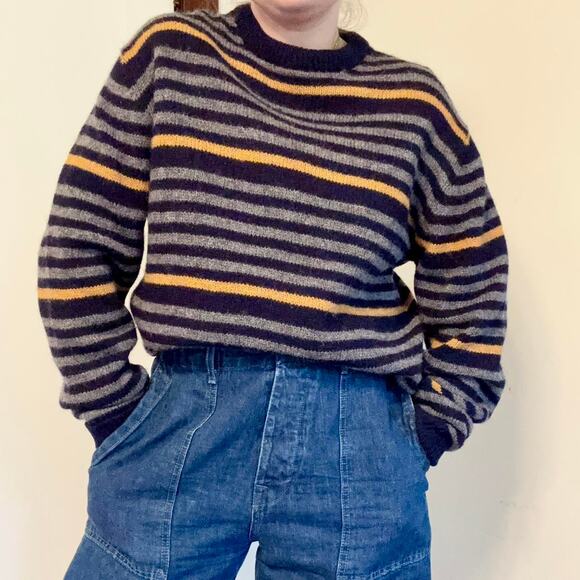 Vintage Carl Michaels 100% Wool Navy Blue Gray & Yellow Crewneck Sweater- Large - Picture 1 of 6